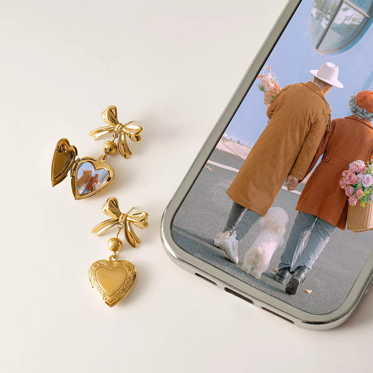 18K Gold-Plated Bow Heart Drop Earrings Gold / One Size 