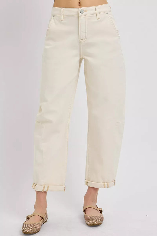 RISEN High Rise Relaxed Barrel Cuffed Jeans IVORY / 0 