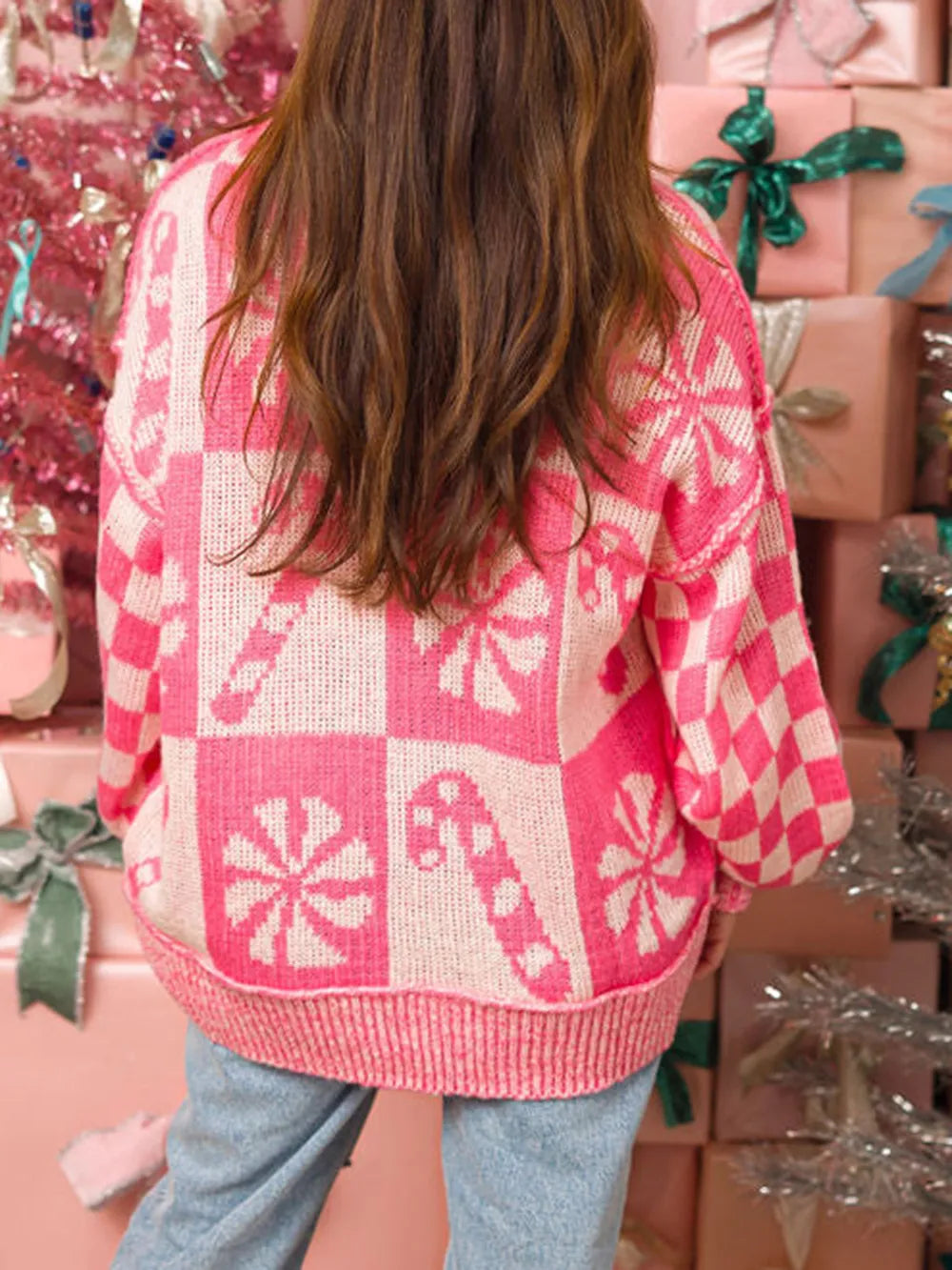 Candy Cane Round Neck Long Sleeve Sweater Blush Pink / S 