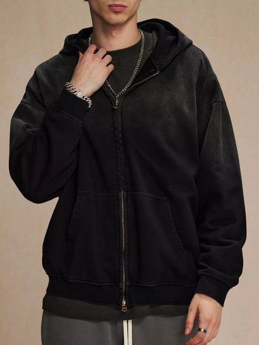 Men's Zip Up Long Sleeve Hoodie Spray Dye Black / S 