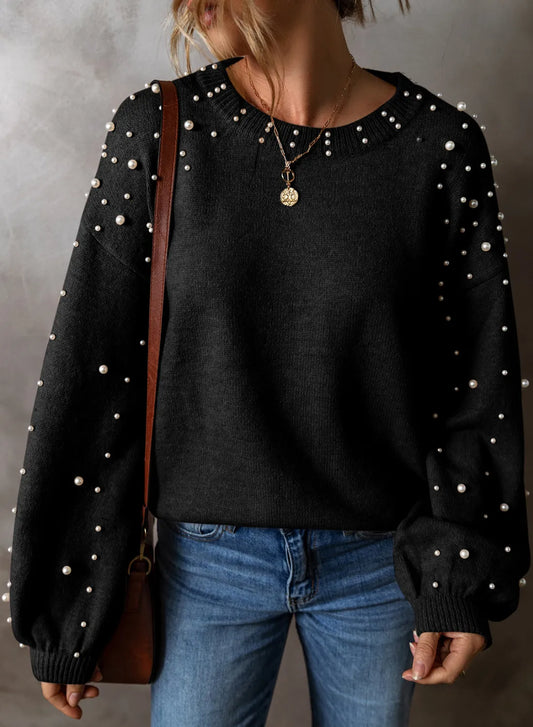 Pearl Detail Round Neck Long Sleeve Sweater Black / S 