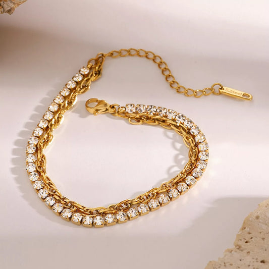 18K Gold-Plated Rhinestone Double Layered Bracelet Gold / One Size 
