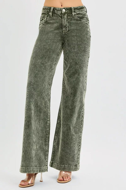 RISEN Full Size High Rise Wide Leg Corduroy Jeans Plus Size FOREST / 0 