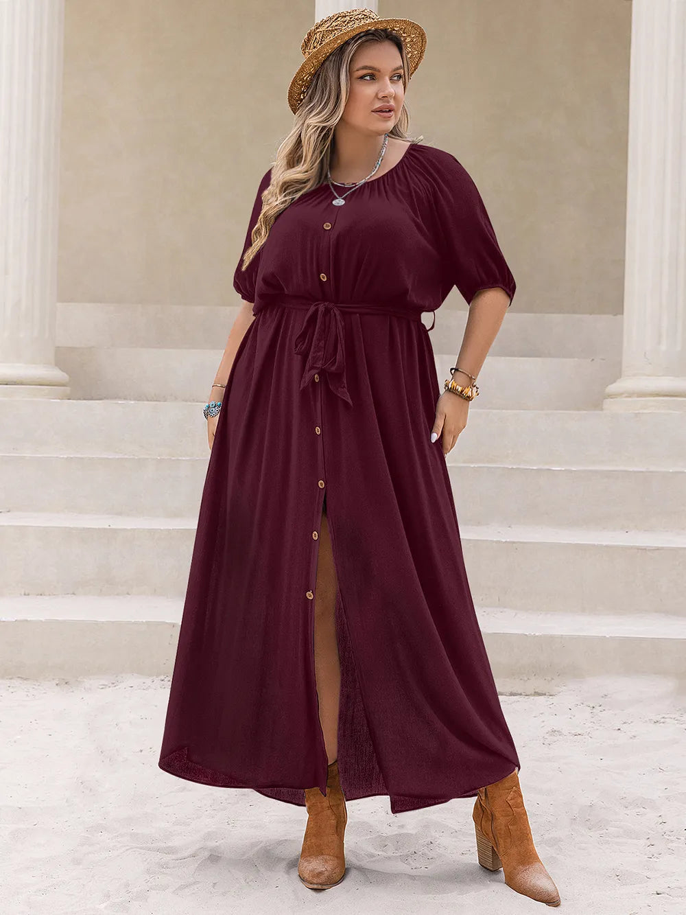 Plus Size Round Neck Half Sleeve Dress Burgundy / 0XL 