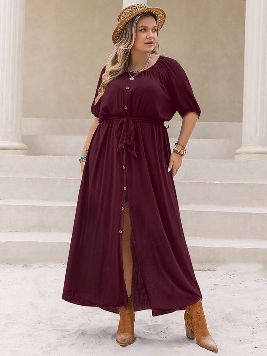 Plus Size Round Neck Half Sleeve Dress Burgundy / 0XL 