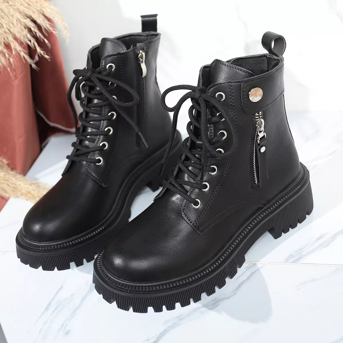 Round Toe Block Heels Boots Black / 35 
