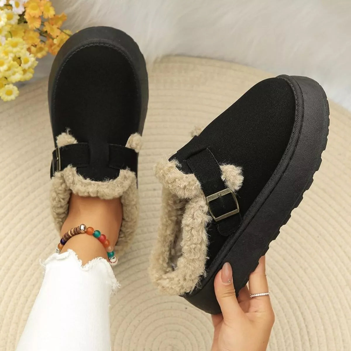 Round Toe Platform Fleece-Lined Slip-Ons Black / 36 