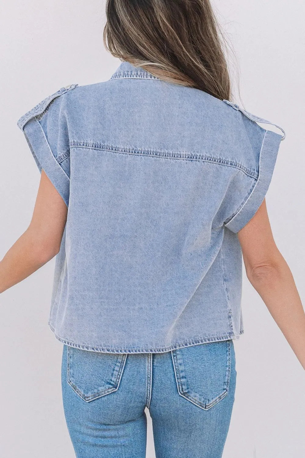 Snap Down Cap Sleeve Denim Top Light Blue / S 