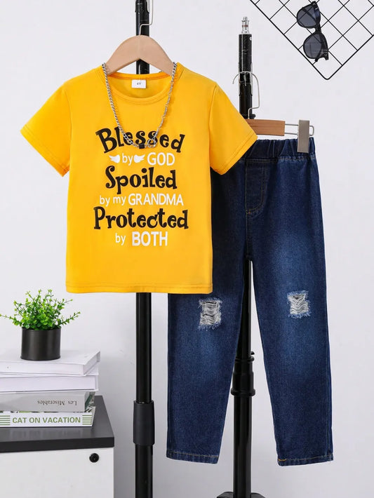 Children's Round Neck Letter Graphic T-Shirt and Distressed Jeans Set Gold / 4Y 