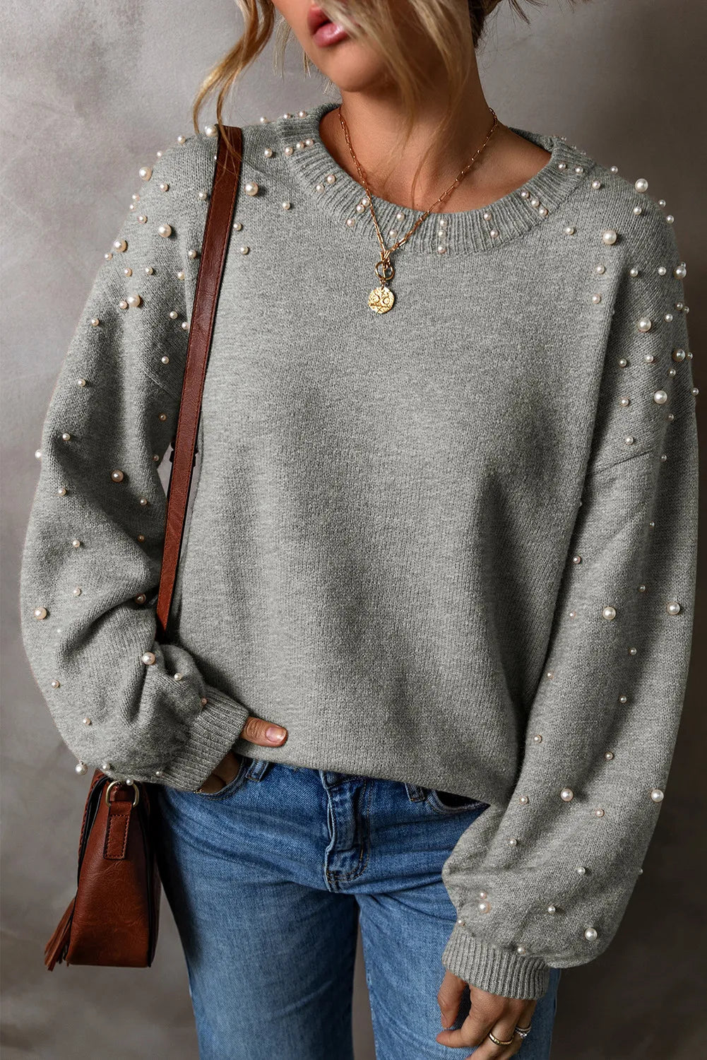 Pearl Detail Round Neck Long Sleeve Sweater Black / S 