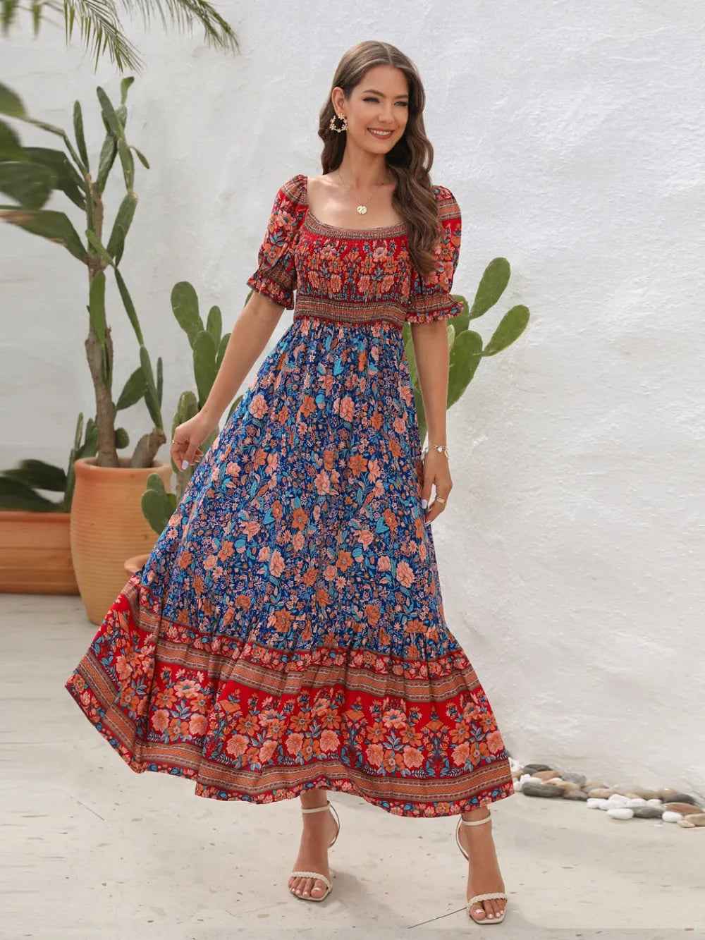 Floral Flounce Sleeve Midi Dress Caramel / S 