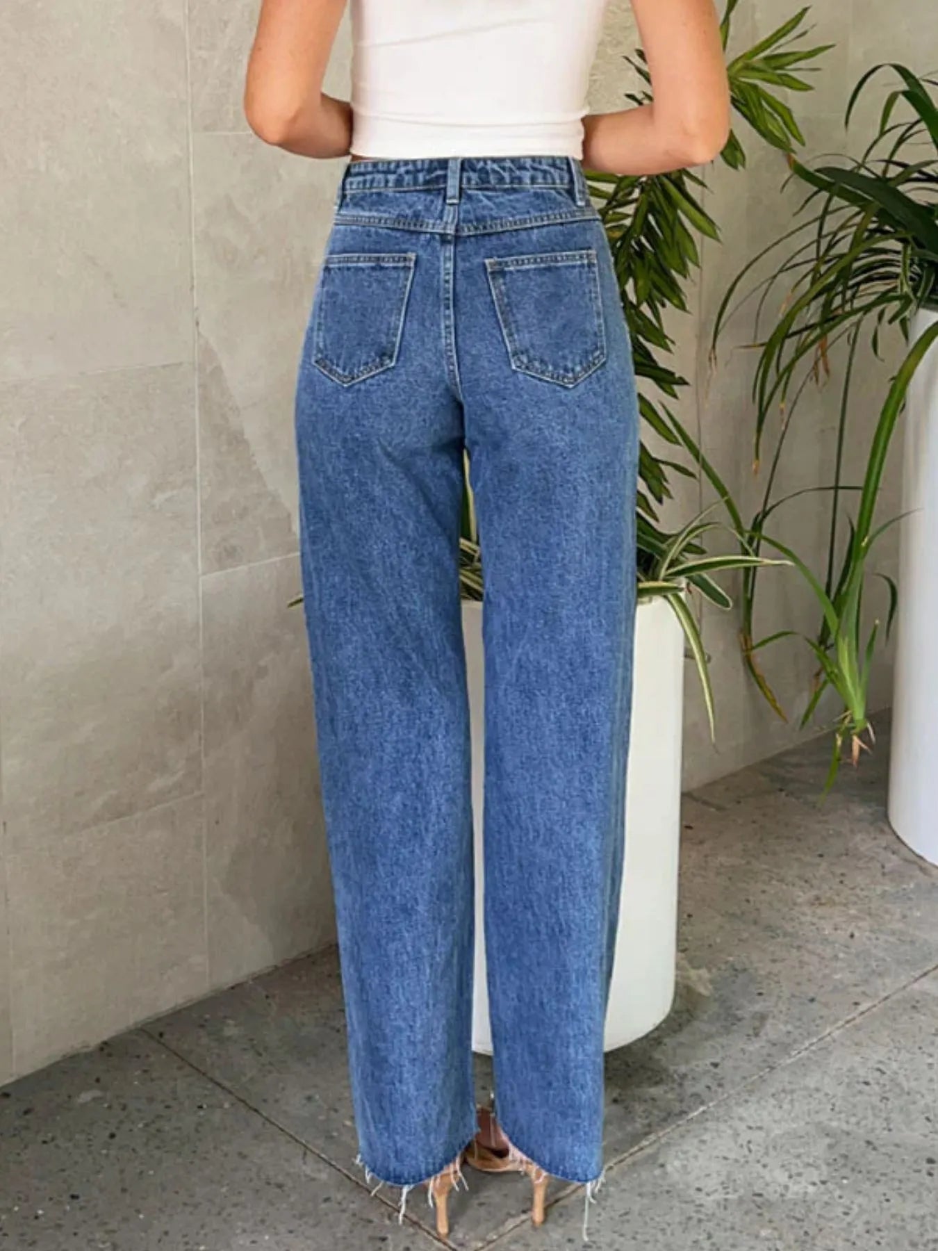 Pearl Embellished High Waist Straight Leg Jeans Blue / XS 