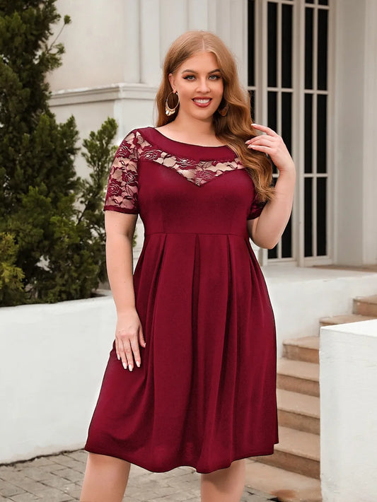 Plus Size Ruched Round Neck Short Sleeve Dress Burgundy / 1XL 
