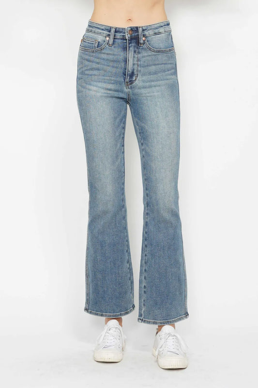 Judy Blue Full Size Tummy Control Back Embroidered Pocketed Bootcut Jeans Plus Size SHORT INSEAM / 0/24 