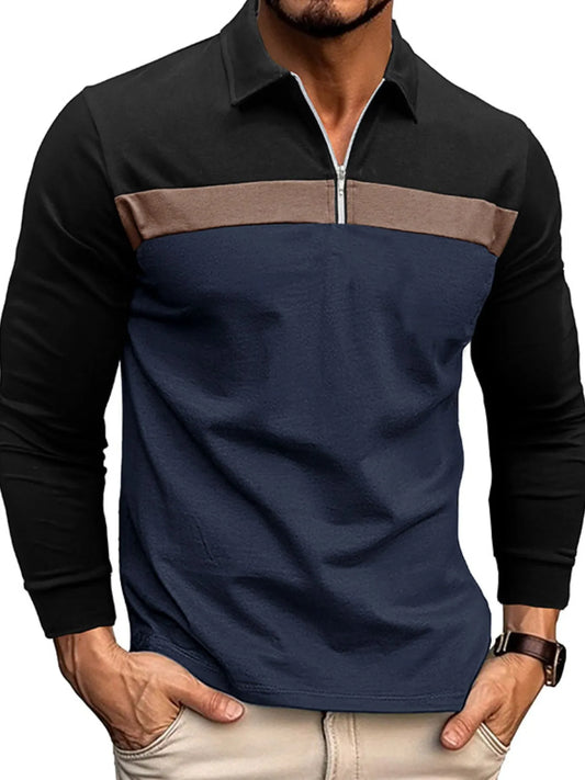 Men's Color Block Long Sleeve Polo Shirt Navy / S 