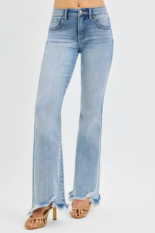 RISEN Full Size Tummy Control Mid Rise Flare Jeans with Fray Hem Detailed Plus Size MEDIUM / 0 