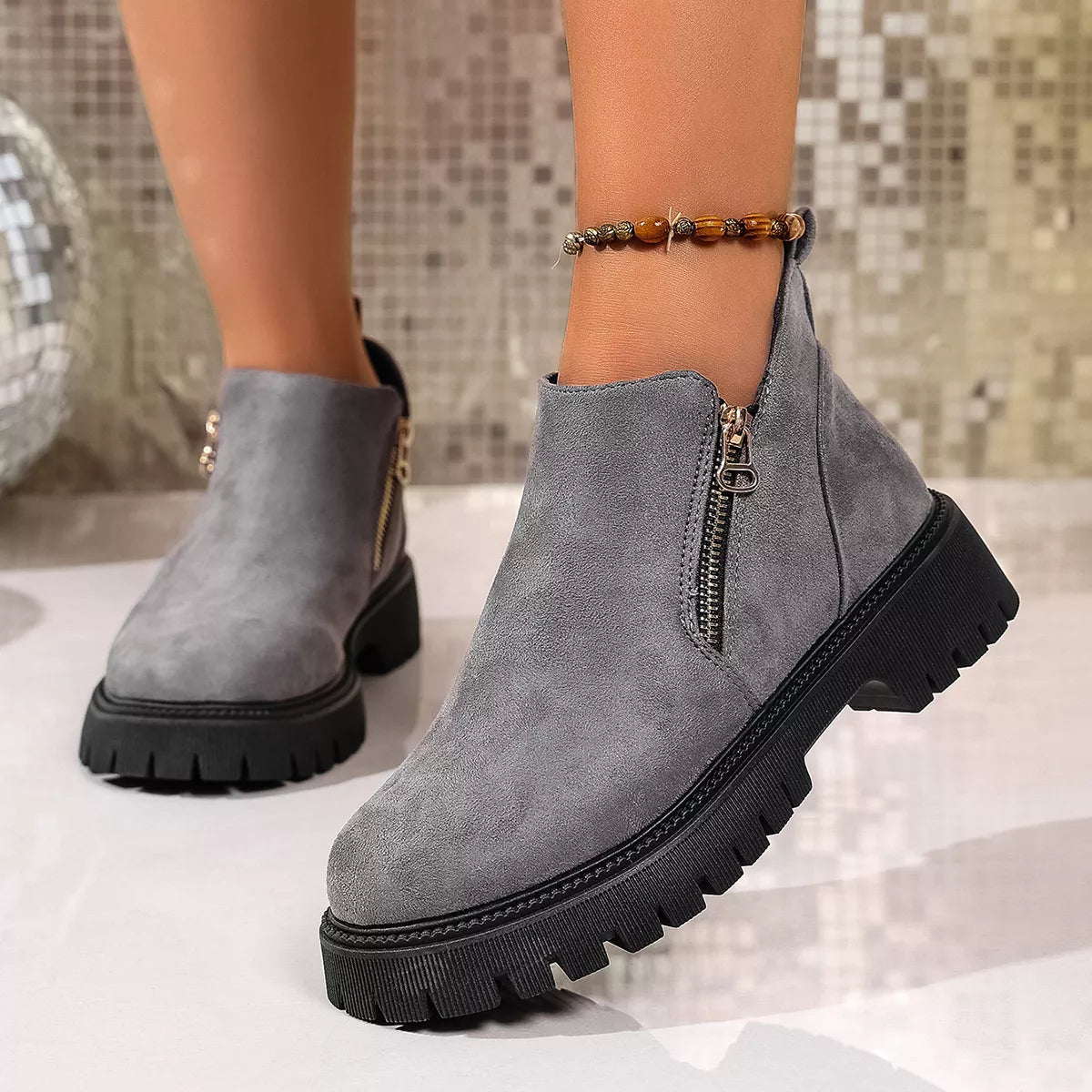 Round Toe Side Zip Ankle Boots Ivory / 36 