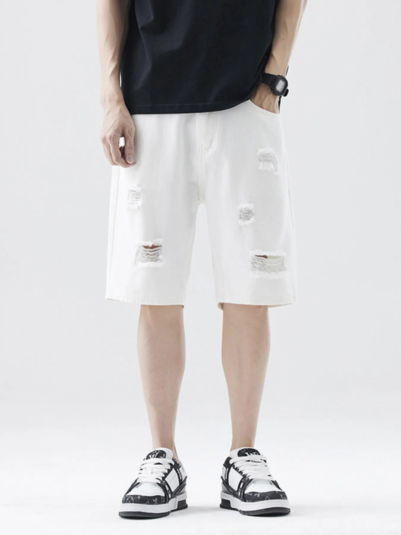 Men's Distressed Denim Shorts Ivory / 28 