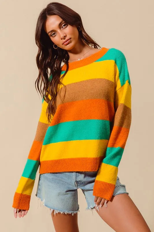 SO ME Multi Color Stripe Sweater with Ribbed Detail RUS/JAD/MUST/COFF / S 