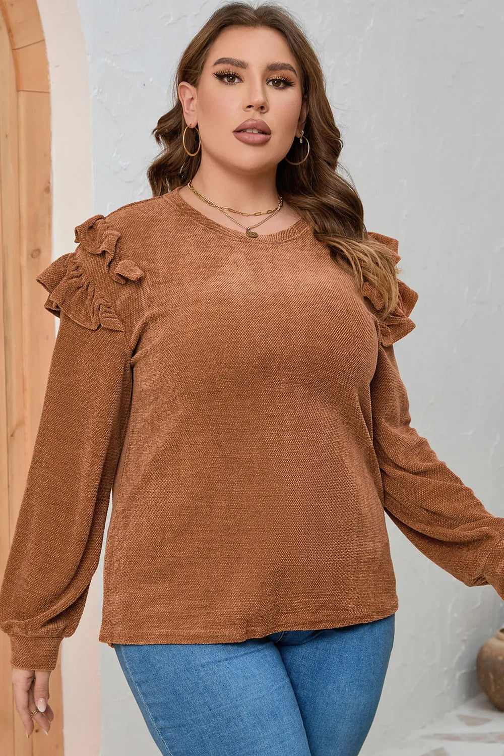 Plus Size Ruffled Round Neck Long Sleeve T-Shirt Caramel / 1XL 