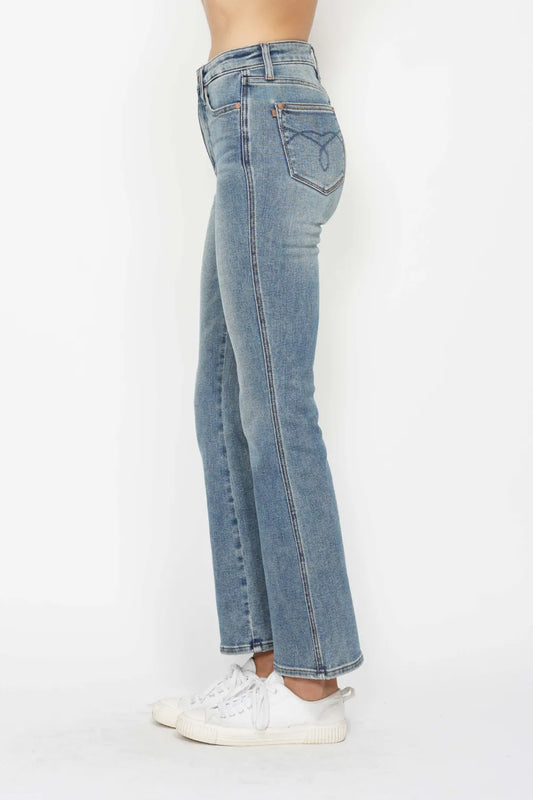 Judy Blue Full Size Tummy Control Back Embroidered Pocketed Bootcut Jeans Plus Size SHORT INSEAM / 0/24 