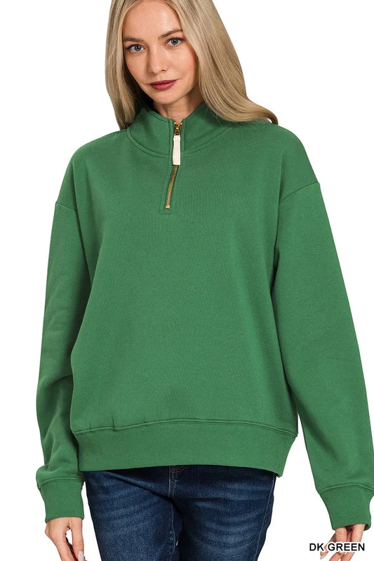 Zenana Fleece Half Zip Sweatshirt DK GREEN / S 