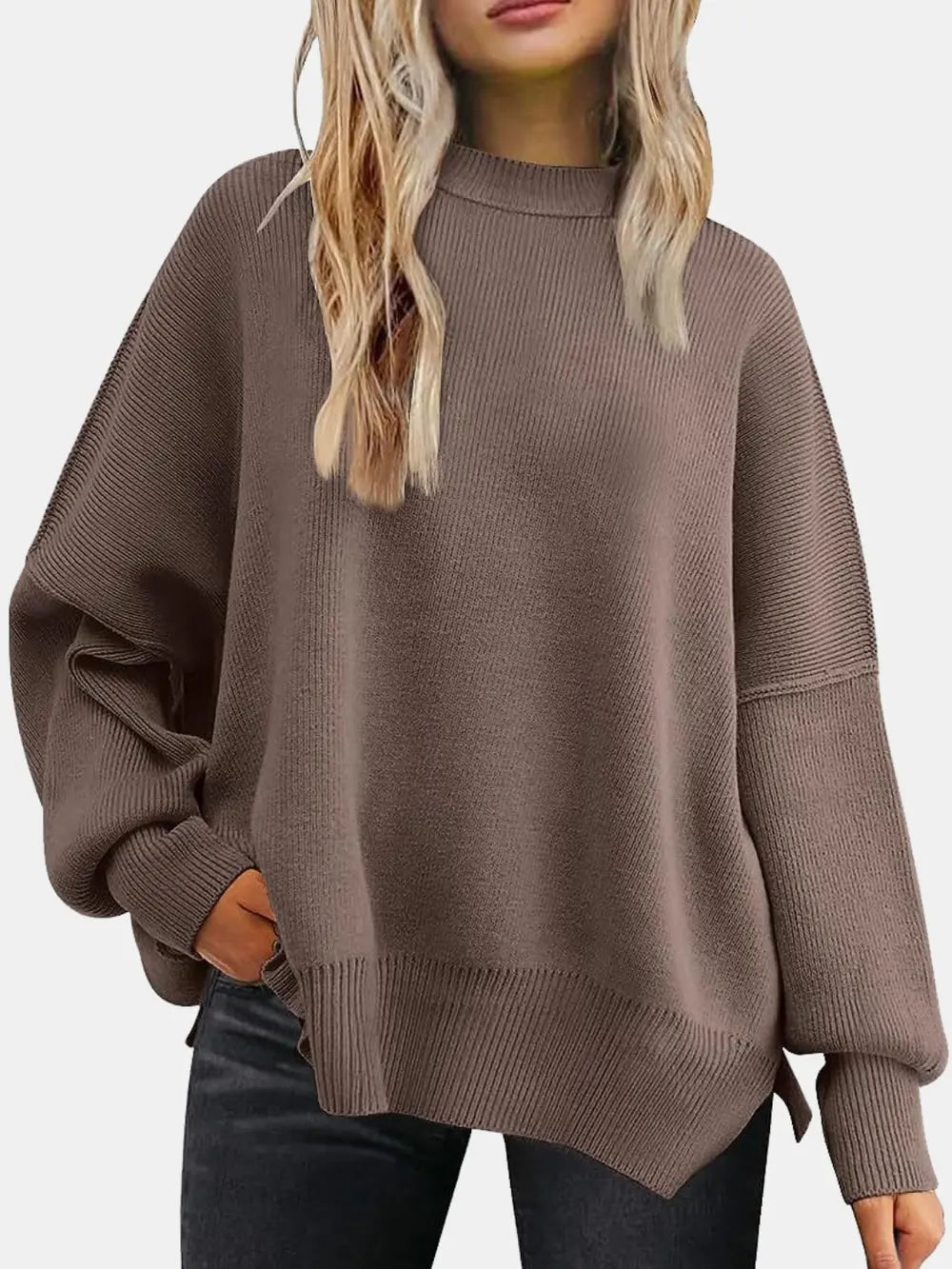 Round Neck Drop Shoulder Slit Sweater Sage / S 