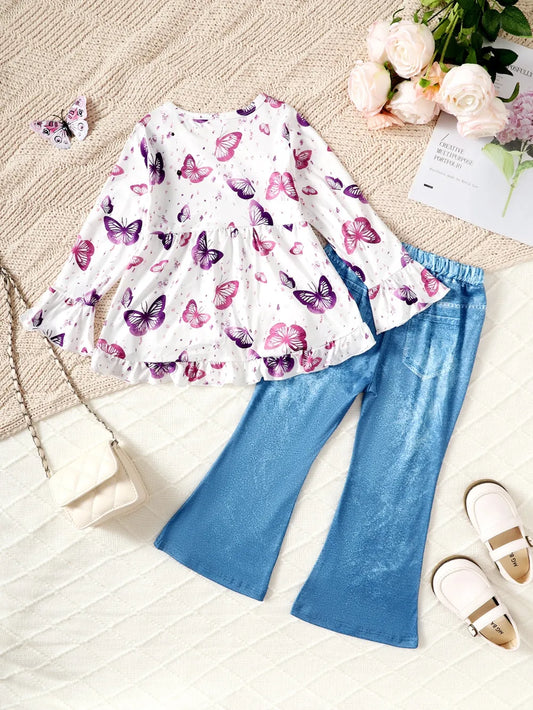 Children's Butterfly Print Top and Flare Pants Set White / 4Y 