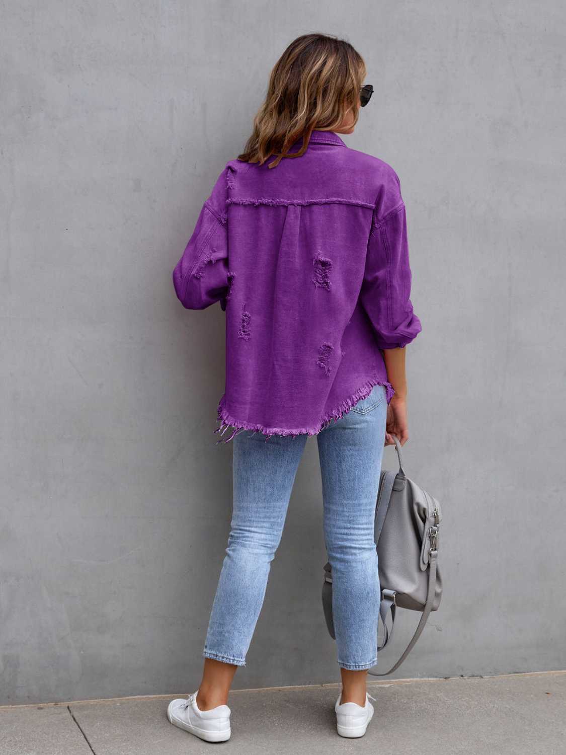 Distressed Drop Shoulder Denim Jacket Fuchsia Pink / S 