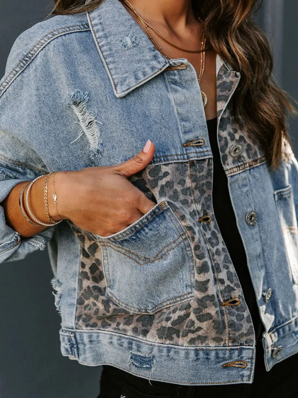 Distressed Leopard Drop Shoulder Denim Jacket Leopard / S 