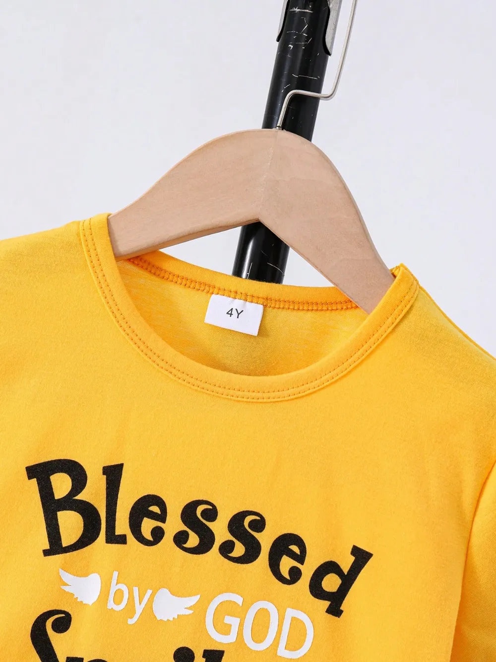 Children's Round Neck Letter Graphic T-Shirt and Distressed Jeans Set Gold / 4Y 