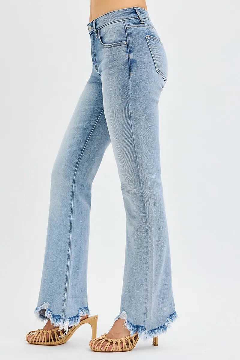RISEN Full Size Tummy Control Mid Rise Flare Jeans with Fray Hem Detailed Plus Size MEDIUM / 0 