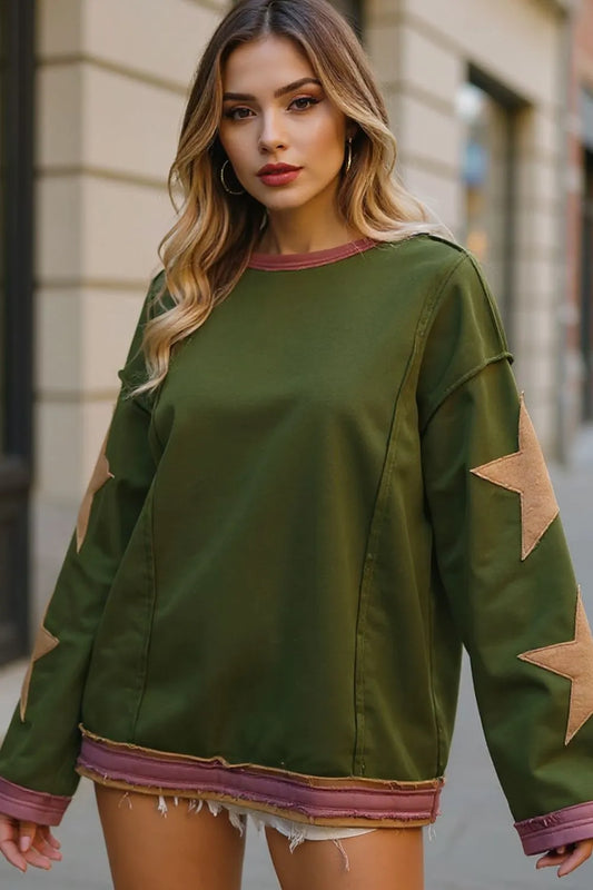 Double Take Star Patched Long Sleeve Sweatshirt Moss / S 