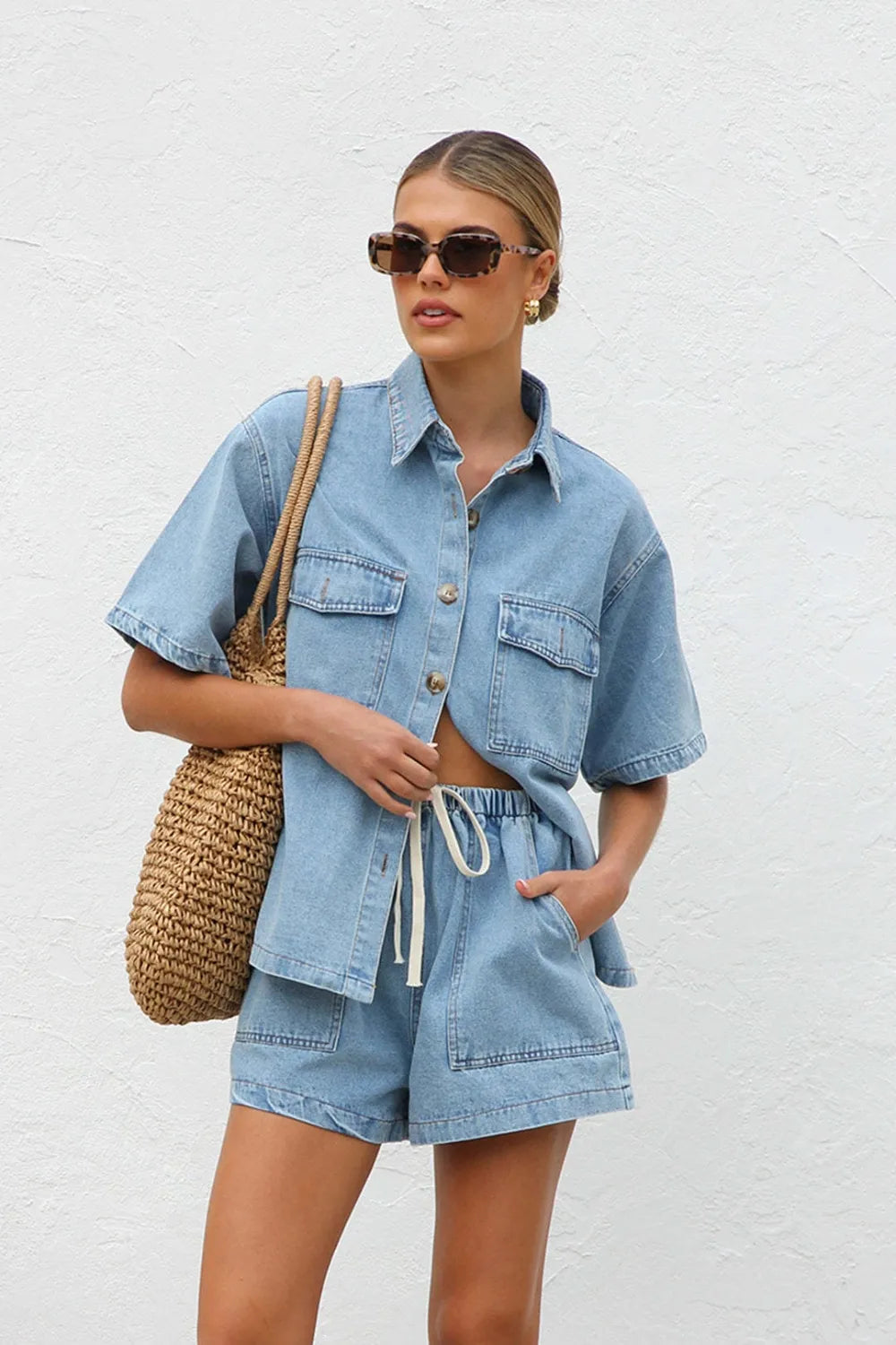 Collared Neck Button Up Top and Shorts Denim Set Medium / S 
