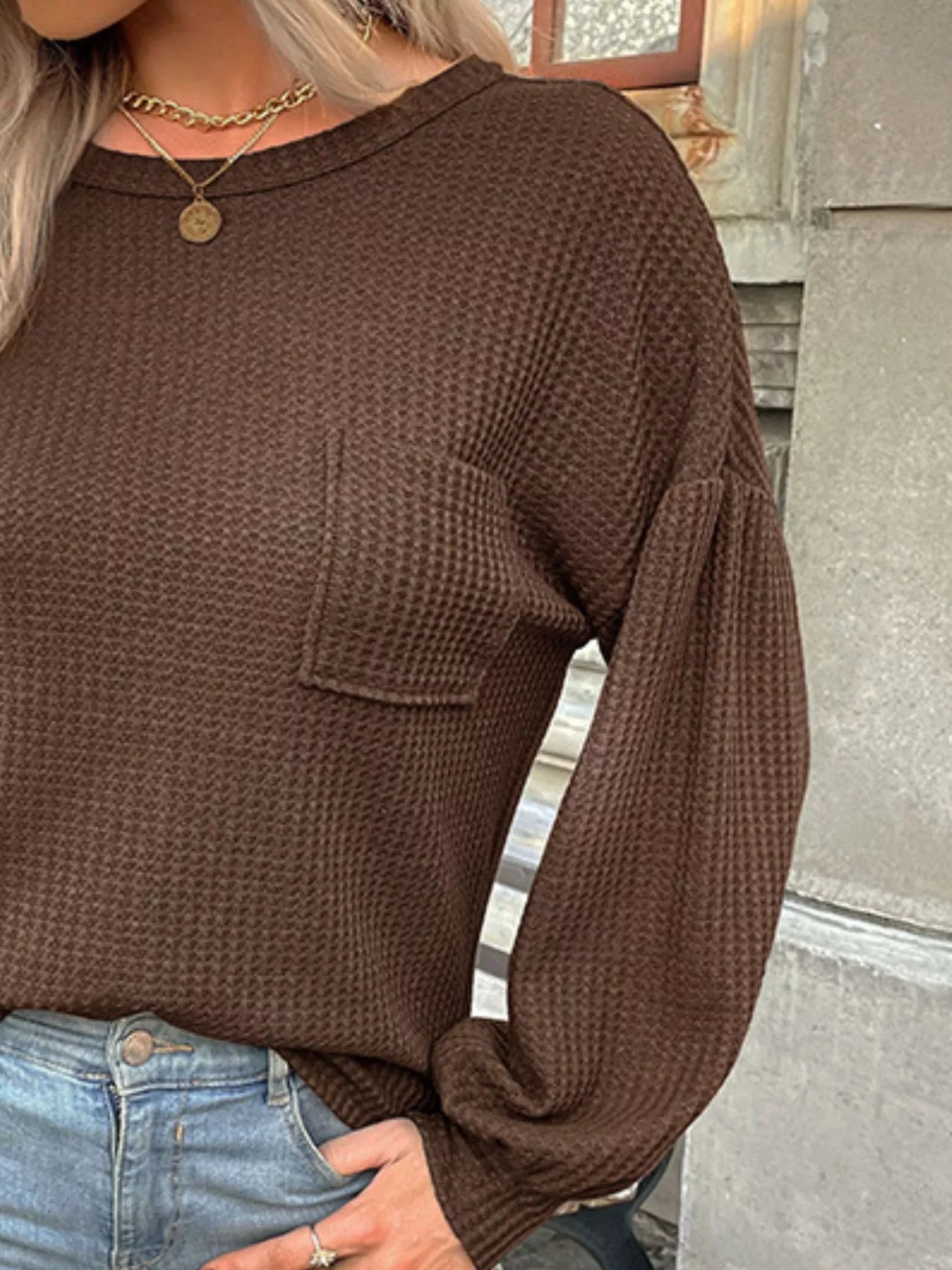 Waffle Knit Round Neck Top Gray / S 