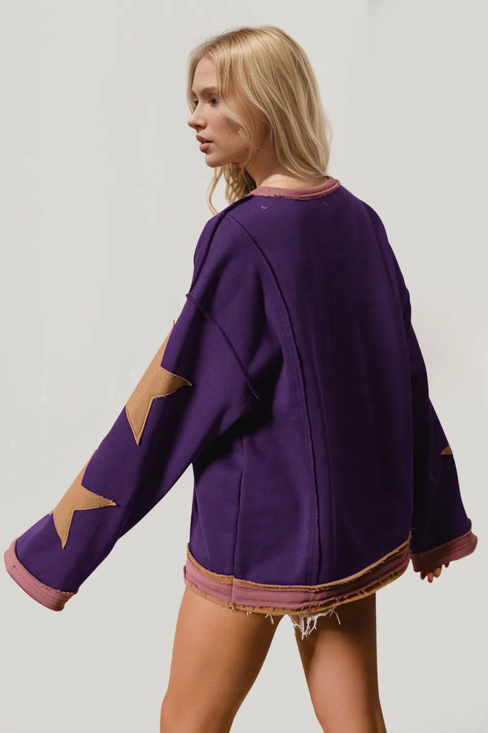 Double Take Star Patched Long Sleeve Sweatshirt Moss / S 