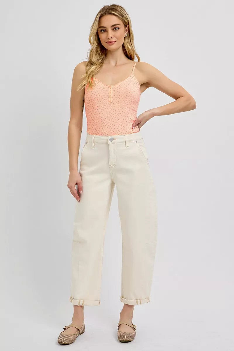 RISEN High Rise Relaxed Barrel Cuffed Jeans IVORY / 0 