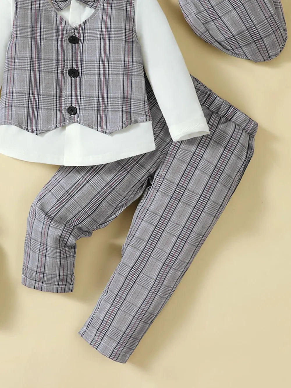 Hat, Long Sleeve Shirt, Plaid Vest and Pants 4-Piece Set Black/White / 2-3 