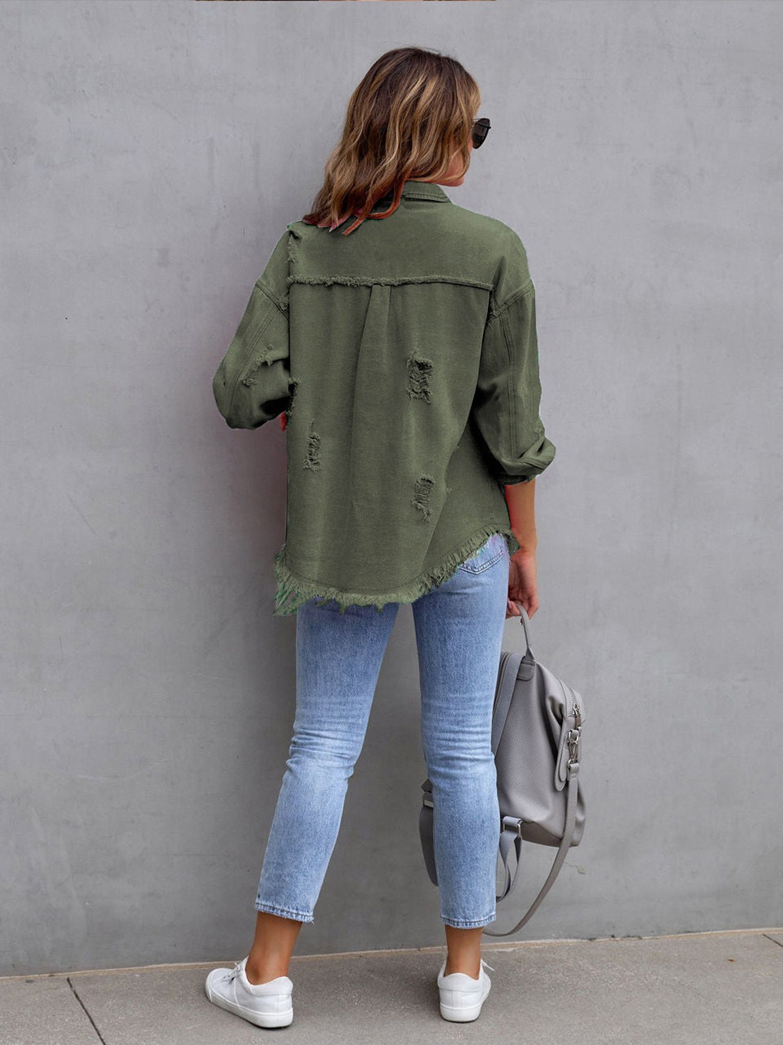 Distressed Drop Shoulder Denim Jacket Fuchsia Pink / S 