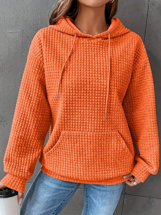 Waffle Knit Drawstring Long Sleeve Hoodie Orange / S 