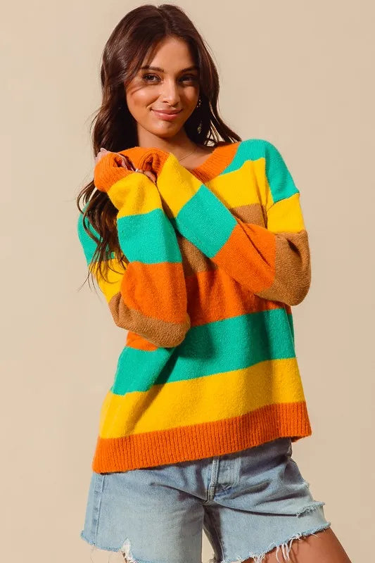 SO ME Multi Color Stripe Sweater with Ribbed Detail RUS/JAD/MUST/COFF / S 