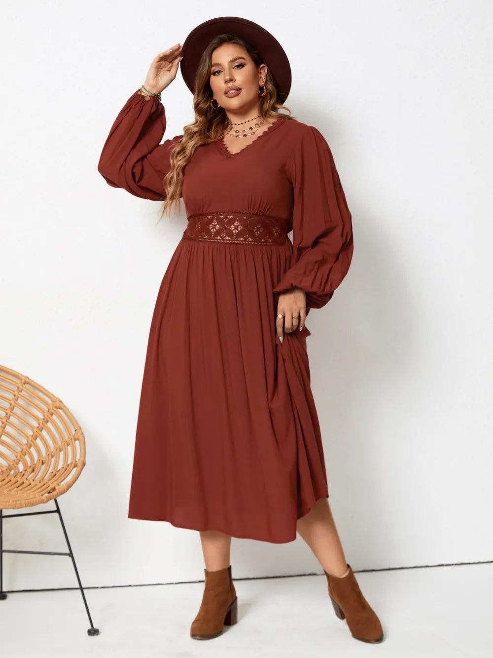 Plus Size Lace Detail V-Neck Balloon Sleeve Dress Brown / 0XL 