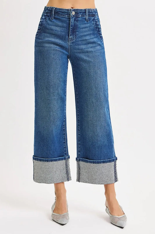 RISEN High Rise Ankle Wide Rhine Stone Cuffed Jeans DARK / 0 