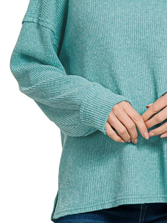 Zenana Brushed Ribbed Hacci Drop Shoulder Sweater DUSTY TEAL / S/M 