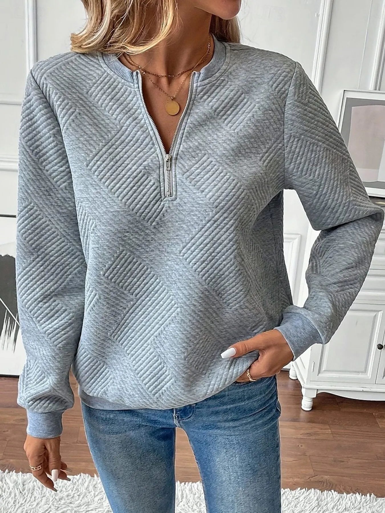 Quarter Zip Textured Long Sleeve Sweatshirt Gray / S 