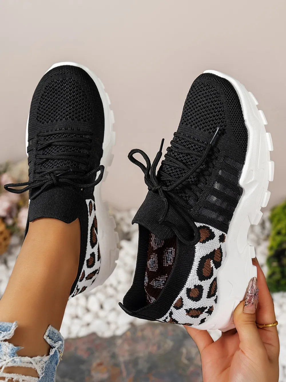 Cutout Leopard Lace Up Mesh Athletic Black / 36(US5) 