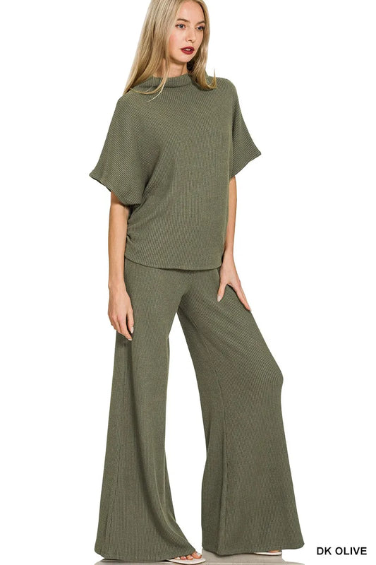 Zenana Mock Neck Top and Pants Sweater Set DK OLIVE / S 