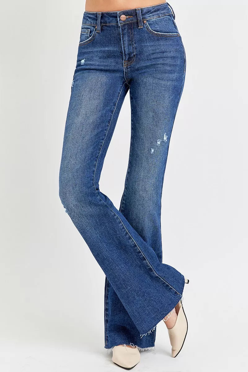 RISEN Full Size Distressed Mid Rise Flare Jeans Plus Size DARK / 0 