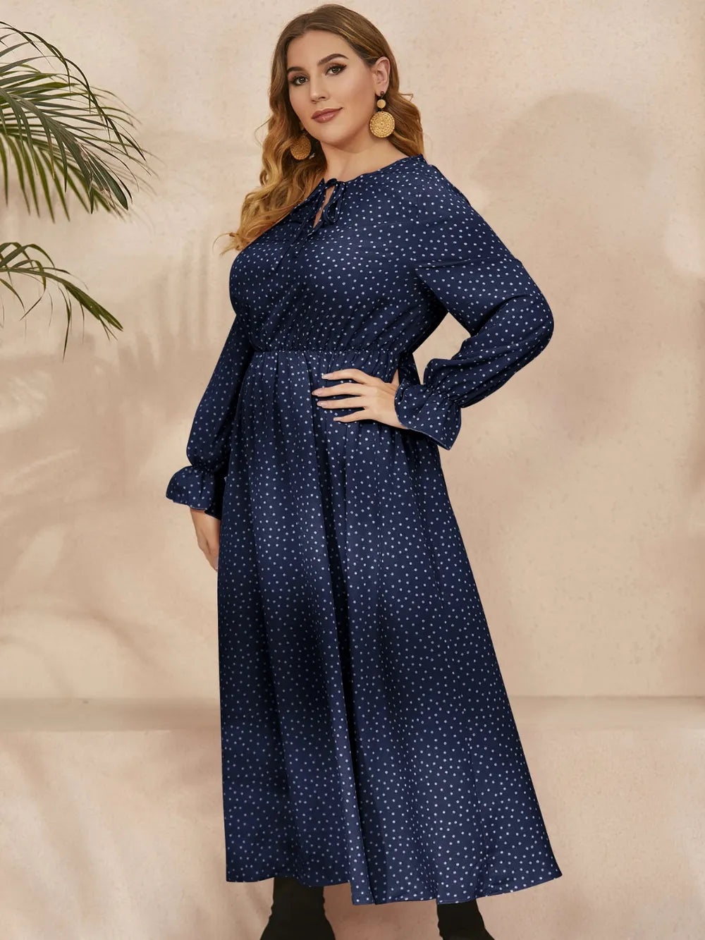 Honey Plus Size Ruffled Polka Dot Long Sleeve Midi Dress Navy / 0XL 