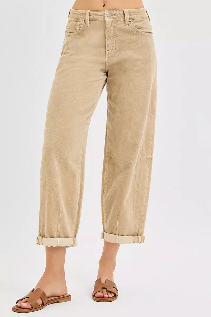 RISEN High Rise Crop Barrel Cordurory Pants TAN / 0 